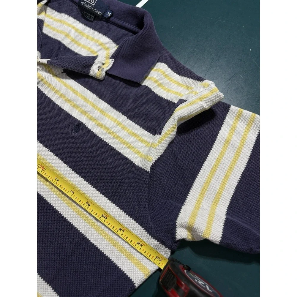 Vintage Polo Ralph Lauren Polo Shirt Men Large Blue Yellow Striped Cotton Pique